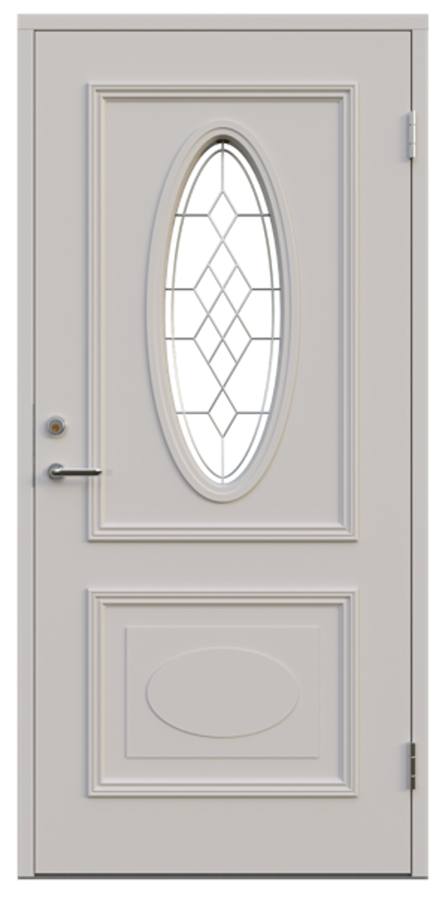 Ytterdörr Leksandsdörren Oval glas 888x1980mm höger vit maskinantiktglas AB 7421
